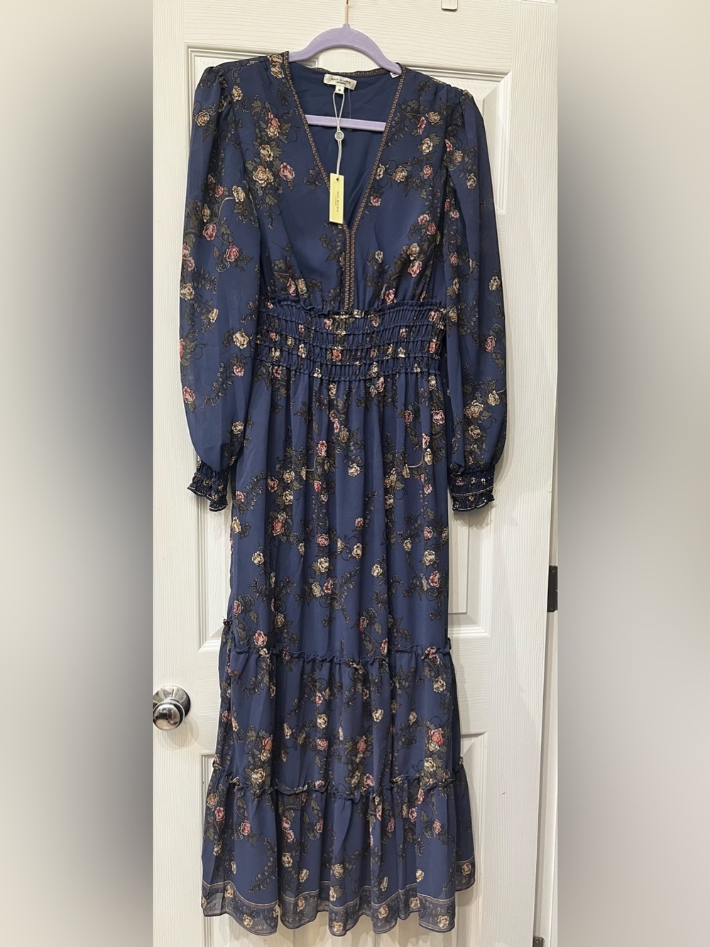 Vintage-Inspired Romantic Floral Maxi with Tiered Skirt Blue Floral Size Medium